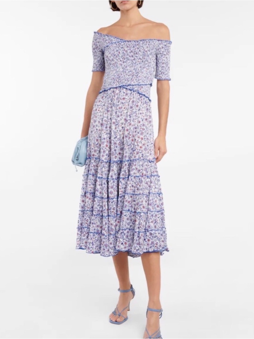 Poupette St. Barth Lavender Blue Floral Off-Shoulder Midi Dress